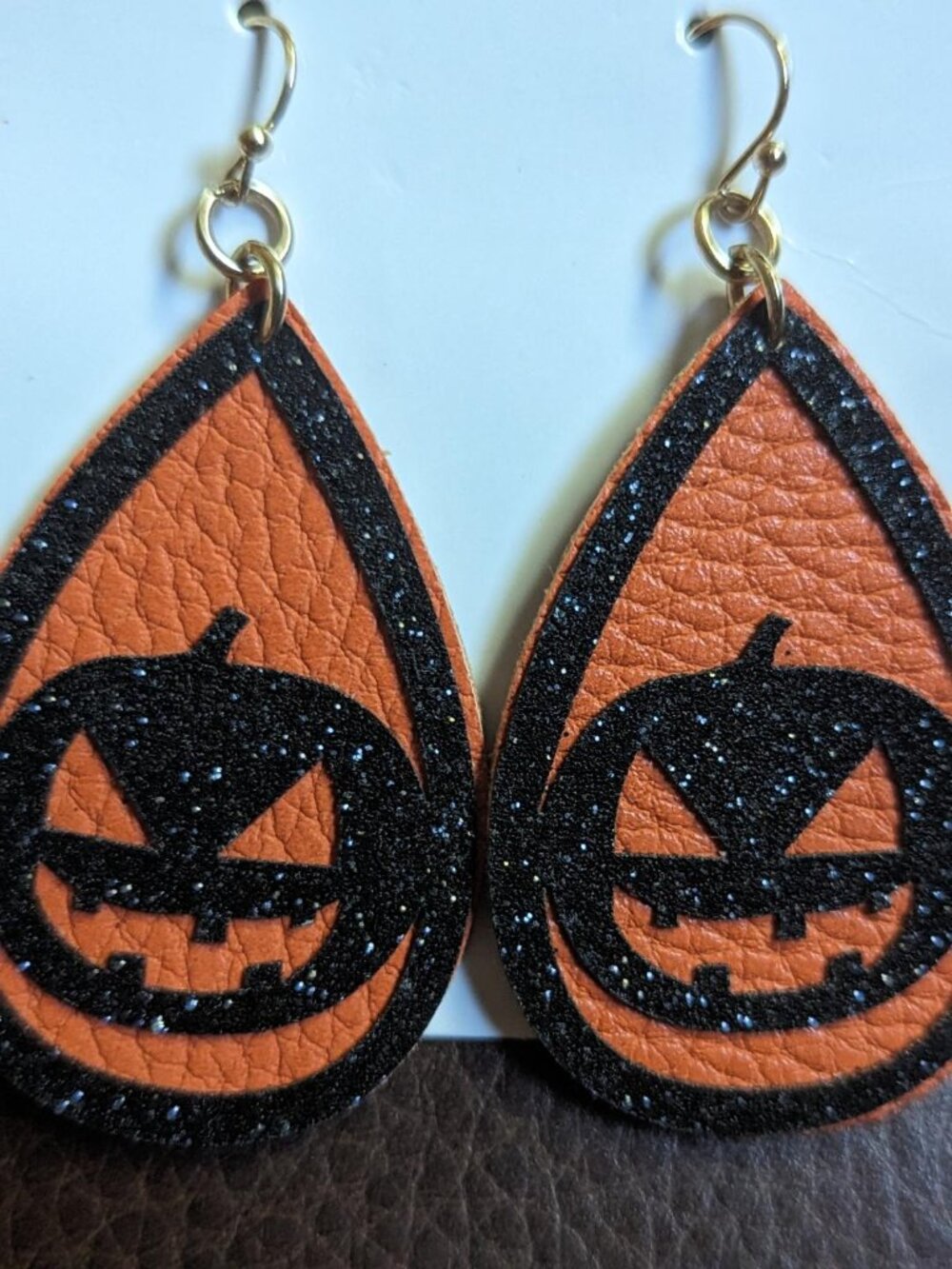 Vintage Halloween Large Leather Glitter Angry Face Pumpkin Earrings.